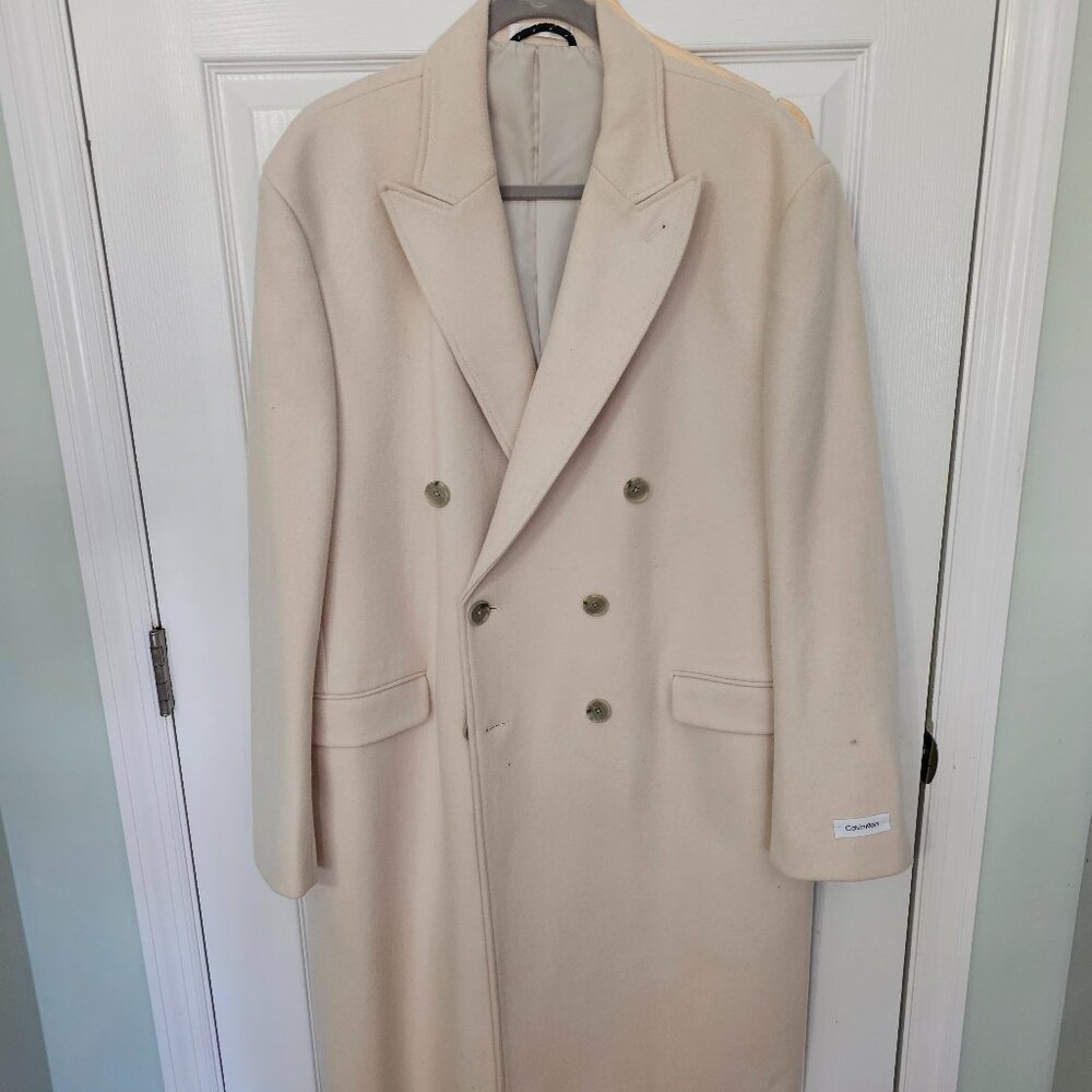 NWT Calvin Klein Coat Mens 44R Off-White Double Breasted Topcoat